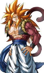 Rule 34 | 1boy, abs, absurdres, bad id, bad pixiv id, bara, bare shoulders, blue eyes, body fur, dragon ball, feet out of frame, gogeta, hands on own hips, highres, large pectorals, long hair, male focus, monkey tail, muscular, muscular male, nipples, orange hair, pectorals, simple background, smirk, solo, spiked hair, stomach, tail, torawar, white background