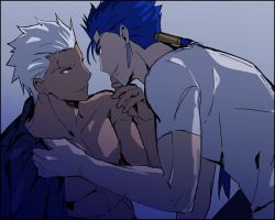 Rule 34 | 2boys, abs, akujiki59, archer (fate), black shirt, blue hair, cu chulainn (fate), cu chulainn (fate/stay night), dark-skinned male, dark skin, eye contact, fate/stay night, fate (series), from side, hand on another&#039;s face, imminent kiss, looking at another, male focus, multiple boys, official style, open clothes, open shirt, pectorals, ponytail, red eyes, shirt, short hair, smile, spiked hair, stomach, toned, toned male, undressing another, white hair, white shirt, yaoi