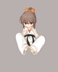Rule 34 | 1girl, absurdres, barefoot, belt, black belt, bow, brown hair, chinese commentary, clenched hand, closed mouth, commentary request, dot nose, dougi, feet, frown, full body, grey background, hair bow, highres, kuma-bound, martial arts belt, medium hair, orange bow, original, pants, red eyes, simple background, soles, solo, sweat, toes, white pants