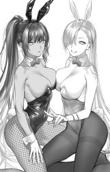 Rule 34 | 2girls, absurdres, animal ears, asuna (blue archive), asuna (bunny) (blue archive), bare shoulders, blue archive, bow, bowtie, breasts, dark-skinned female, dark skin, eyebrows hidden by hair, fake animal ears, fake tail, fishnet pantyhose, fishnets, gloves, greyscale, hair between eyes, highres, karin (blue archive), karin (bunny) (blue archive), kneeling, leotard, long hair, looking at viewer, monochrome, multiple girls, nipi27, open mouth, pantyhose, playboy bunny, ponytail, rabbit ears, rabbit tail, simple background, smile, tail, v, victory pose, white background, white gloves, white pantyhose, wrist cuffs