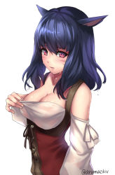 Rule 34 | 10s, 1girl, animal ears, aruma jiki, blue hair, breasts, cleavage, detached sleeves, final fantasy, final fantasy xiv, looking at viewer, miqo&#039;te, parted lips, red eyes, simple background, smile, solo, sweat, warrior of light (ff14), white background