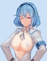Rule 34 | 1girl, absurdres, armband, blue background, blue eyes, blue hair, blue ribbon, breasts, closed mouth, hairband, hand on own hip, heart, heart-shaped pupils, highres, large breasts, looking at viewer, medium breasts, one eye closed, original, pasties, ribbon, short hair, simple background, smile, solo, symbol-shaped pupils, uedrk yamato, upper body