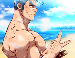 Rule 34 | 1boy, bara, beach, biceps, blue eyes, blue fire, blue hair, blurry, blurry background, close-up, day, fiery horns, fire, highres, horns, katana, kizami nori to yamaimo, large pectorals, long sideburns, male focus, manly, muscular, muscular male, ocean, pectorals, sakimori toji, sand, scar, scar on face, serious, sideburns, sky, solo, sword, thick arms, thick eyebrows, tokyo houkago summoners, topless male, weapon, wet