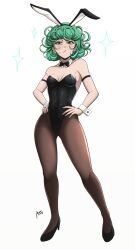 Rule 34 | 1girl, absurdres, animal ears, armband, black footwear, black leotard, bow, bowtie, breasts, brown pantyhose, curly hair, curvy, detached collar, fake animal ears, full body, green eyes, green hair, hands on own hips, high heels, highleg, highleg leotard, highres, leotard, mistowing, one-punch man, pantyhose, petite, playboy bunny, rabbit ears, simple background, small breasts, solo, sparkle, strapless, strapless leotard, tatsumaki, traditional bowtie, white background, wide hips, wrist cuffs