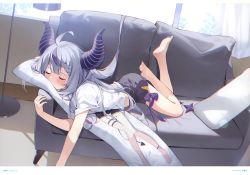 Rule 34 | 1girl, absurdres, ahoge, barefoot, blush, bow, braid, closed mouth, couch, curtains, dakimakura (object), day, demon girl, demon horns, demon tail, fingernails, hana mori, highres, hololive, horns, indoors, la+ darknesss, long hair, lying, multicolored hair, hugging object, on stomach, pillow, pillow hug, purple hair, scan, shirt, short sleeves, shorts, simple background, sleeping, solo, t-shirt, tail, toes, tokoyami towa, two-tone hair, virtual youtuber, window