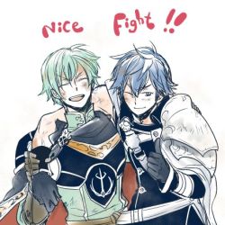 Rule 34 | 2boys, armor, blue hair, cape, chrom (fire emblem), damaged, english text, ephraim (fire emblem), fire emblem, fire emblem: the sacred stones, fire emblem awakening, fire emblem heroes, green hair, lowres, male focus, multiple boys, nintendo, outstretched arms, pauldrons, short hair, shoulder armor, simple background, smile, thumbs up, white background
