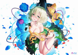 Rule 34 | 1girl, ankle boots, bare legs, bare shoulders, between legs, black footwear, black hat, black panties, blue flower, blue rose, blush, boots, bow, breasts, bright pupils, cleavage, collarbone, embarrassed, floral background, flower, frilled skirt, frills, full body, green eyes, green hair, green skirt, hair between eyes, hat, hat bow, hat ornament, heart, heart of string, highres, komeiji koishi, long sleeves, medium breasts, no bra, off shoulder, open mouth, panties, petals, qys3, revision, rose, rose petals, shirt, short hair, skirt, solo, tears, thigh gap, third eye, torn clothes, torn shirt, torn skirt, touhou, underwear, unworn hat, unworn headwear, wavy mouth, yellow bow, yellow shirt