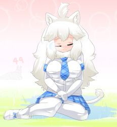 Rule 34 | 1girl, :3, ahoge, animal ear fluff, animal ears, blue bow, blue necktie, blue skirt, boots, bow, breasts, closed eyes, closed mouth, commentary request, elbow gloves, footwear bow, full body, gloves, highres, kemono friends, large breasts, lets0020, lion ears, lion girl, long hair, medium bangs, miniskirt, necktie, nose bubble, numbered, pantyhose, plaid, plaid necktie, plaid skirt, pleated skirt, savanna striped giant slug (kemono friends), shirt, short sleeves, sitting, skirt, sleeping, slug, smile, solo, white footwear, white gloves, white hair, white lion (kemono friends), white pantyhose, white shirt, yokozuwari