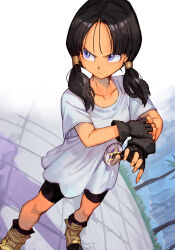 Rule 34 | 1girl, bike shorts, black gloves, black hair, collarbone, determined, dragon ball, dragonball z, fingerless gloves, forehead, gloves, hair strand, hungry clicker, looking to the side, medium hair, purple eyes, shirt, short twintails, solo, twintails, videl, white shirt