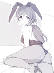Rule 34 | 1girl, animal ears, ass, bare shoulders, blush, breasts, closed mouth, duke (inu daimyou), fake animal ears, greyscale, hair bobbles, hair ornament, leotard, looking at viewer, love live!, love live! school idol project, low twintails, monochrome, pantyhose, playboy bunny, rabbit ears, rabbit tail, smile, solo, tail, tojo nozomi, twintails
