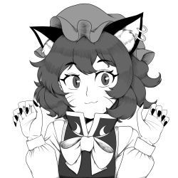 Rule 34 | 1girl, :3, animal ear fluff, animal ears, bow, bowtie, cat ears, chen, claw pose, closed mouth, earrings, fingernails, giantcavemushroom, greyscale, hands up, hat, highres, jewelry, long fingernails, long sleeves, looking at viewer, medium hair, mob cap, monochrome, puffy long sleeves, puffy sleeves, sharp fingernails, simple background, slit pupils, smile, solo, touhou, upper body, whiskers, white background, white bow, white bowtie