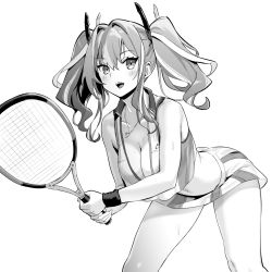Rule 34 | azur lane, breasts, bremerton (azur lane), bremerton (scorching-hot training) (azur lane), crop top, crop top overhang, greyscale, hair ornament, heart, heart necklace, holding, holding racket, hori (hori no su), large breasts, long hair, looking at viewer, mole, mole on breast, mole under eye, monochrome, multicolored hair, necklace, open mouth, racket, solo, sportswear, streaked hair, sweat, tennis racket, tennis uniform, twintails, two-tone shirt, two-tone skirt, x hair ornament