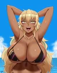 Rule 34 | 1girl, arms behind head, arms up, bikini, black bikini, blonde hair, blue hair, blush, breasts, collarbone, commentary, dark-skinned female, dark skin, day, francesca (twrlare), hair between eyes, highleg, highres, huge breasts, looking at viewer, multicolored hair, navel, original, parted lips, railing, robe, sky, smile, solo, stomach, streaked hair, striped bikini, striped clothes, summer, swimsuit, symbol-only commentary, twitter username, twrlare, upper body, yellow eyes