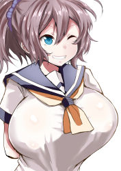 Rule 34 | 10s, 1girl, absurdres, alternate breast size, aoba (kancolle), arm behind back, blue eyes, breasts, grin, highres, huge breasts, kantai collection, long hair, one eye closed, sankakusui, school uniform, serafuku, silver hair, simple background, smile, solo, white background