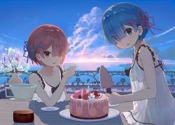 Rule 34 | 2girls, absurdres, akatsuki (m12778387), alternate costume, bare arms, bare shoulders, blue eyes, blue hair, blue sky, blunt bangs, blush, breasts, cake, cloud, collarbone, commentary request, cup, day, dress, female focus, flower, food, glass, hair ornament, hair over one eye, hair ribbon, highres, holding, holding cup, horizon, looking at viewer, matching hair/eyes, multiple girls, ocean, open mouth, outdoors, pink hair, pink ribbon, plant, plate, ram (re:zero), re:zero kara hajimeru isekai seikatsu, red eyes, rem (re:zero), ribbon, see-through, short hair, siblings, sisters, sky, sleeveless, sleeveless dress, smile, table, twins, white flower, x hair ornament