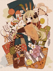 Rule 34 | 156m, 1girl, ahoge, animal ears, bird, black legwear, black sweater, blonde hair, boots, brown footwear, butter, capelet, cherry, chick, curled horns, egg, fish, flower, food, fork, fruit, garland (decoration), grapes, hair flower, hair ornament, highres, holding, holding stuffed toy, horns, long hair, open mouth, original, pancake, pancake stack, plate, scarf, sheep ears, sheep girl, sheep horns, skirt, spoon, star (symbol), striped clothes, striped horns, striped scarf, stuffed animal, stuffed rabbit, stuffed toy, sweater, syrup, winter clothes