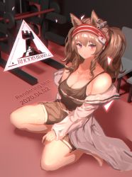 Rule 34 | 1girl, 360 (taiyo360), absurdres, angelina (arknights), animal ears, arknights, barbell, bare legs, barefoot, black camisole, black shorts, blush, breasts, brown hair, camisole, cleavage, closed mouth, commentary, earpiece, english text, fox ears, full body, hair between eyes, hairband, highres, indoors, jacket, long hair, looking at viewer, medium breasts, off shoulder, purple eyes, rhodes island logo (arknights), short shorts, shorts, sidelocks, sitting, solo, spaghetti strap, sweat, thighs, twintails, weights, white jacket