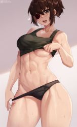 Rule 34 | 1girl, :d, abs, artist name, bare arms, barefoot, black panties, blush, breasts, brown eyes, brown hair, clothes lift, collarbone, commentary, cowboy shot, eyepatch, green tank top, hair between eyes, heart, heavy breathing, highres, iwbitu, kamoi tsubame, large breasts, lifting own clothes, looking at viewer, medium breasts, muscular, muscular female, navel, no pants, open mouth, panties, panty pull, shirt lift, simple background, smile, solo, stomach, sweat, tank top, thighs, uchi no maid ga uzasugiru!, underboob, underwear, underwear only