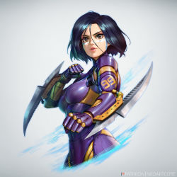 Rule 34 | 1girl, alita, arm blade, bad id, bad pixiv id, battle angel alita, black hair, blade, bodysuit, breasts, brown eyes, commentary, grey background, lips, medium breasts, neoartcore, parted lips, short hair, smile, solo, weapon