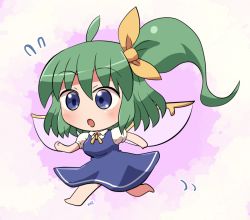 Rule 34 | barefoot, blue dress, blue eyes, blush, collared shirt, daiyousei, dress, fairy, fairy wings, green hair, long hair, motion lines, open mouth, puffy short sleeves, puffy sleeves, rokugou daisuke, shirt, short sleeves, side ponytail, signature, touhou, white shirt, wings