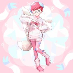Rule 34 | 1girl, ;), alternate color, backpack, bag, blue hair, boots, closed mouth, creatures (company), ffccll, full body, game freak, glasses, grey eyes, highres, holding, holding poke ball, hood, hoodie, long sleeves, mixed-language commentary, multicolored hair, nintendo, one eye closed, pantyhose, penny (pokemon), pink pantyhose, pleated skirt, poke ball, poke ball (basic), pokemon, pokemon masters ex, red hair, round eyewear, see-through, see-through skirt, shorts, skirt, smile, solo, sparkle, two-tone hair, white shorts