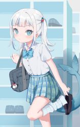 Rule 34 | 1girl, absurdres, bag, black footwear, bloop (gawr gura), blue bow, blue bowtie, blue eyes, blue hair, blue skirt, blunt bangs, blush, bow, bowtie, checkered clothes, checkered skirt, collared shirt, fins, fish tail, gaogao (gaogaomegu), gawr gura, getabako, green skirt, grey bag, hair ornament, highres, hololive, hololive english, leaning on object, looking at viewer, loose socks, mary janes, multicolored hair, pleated skirt, removing shoes, school bag, school uniform, shark girl, shark hair ornament, shark tail, shirt, shoes, sidelocks, skirt, smile, socks, stitches, tail, twintails, two-tone hair, uwabaki, virtual youtuber, white hair, white shirt, white socks
