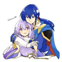 Rule 34 | 1boy, 1girl, blue eyes, blue hair, brother and sister, cape, circlet, dress, fire emblem, fire emblem: genealogy of the holy war, headband, holding hands, hug, hug from behind, julia (fire emblem), nintendo, open mouth, ponytail, purple eyes, purple hair, seliph (fire emblem), siblings, simple background, smile, white headband, yukia (firstaid0)