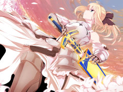 Rule 34 | 1girl, armor, armored dress, artoria pendragon (fate), avalon (fate/stay night), bare shoulders, blonde hair, caliburn (fate), capcom, detached sleeves, dress, dutch angle, artistic error, fate/stay night, fate/unlimited codes, fate (series), faulds, gauntlets, green eyes, hair ribbon, long hair, minatsuki randoseru, petals, ponytail, profile, ribbon, saber (fate), saber lily, scabbard, sheath, sky, solo, sword, weapon