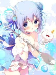 Rule 34 | 1girl, :o, angora rabbit, bare shoulders, blue bow, blue choker, blue eyes, blue hair, blush, bow, bowtie, choker, collarbone, commentary request, cup, detached sleeves, double bun, dress, food, gloves, gochuumon wa usagi desu ka?, hair between eyes, hair bow, hair bun, hair ornament, hands up, holding, holding spoon, ice cream, ice cream cone, in container, in cup, kafuu chino, leaning forward, parted lips, puffy short sleeves, puffy sleeves, rabbit, red neckwear, shiratama (shiratamaco), short sleeves, spoon, strapless, strapless dress, striped, striped bow, tippy (gochiusa), white dress, white gloves, white sleeves