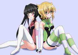 Rule 34 | 2girls, absurdres, akatsuki kirika, ass, bare shoulders, black hair, blonde hair, blue background, blush, bodysuit, breasts, closed eyes, closed mouth, elbow gloves, gloves, green bodysuit, green eyes, hair ornament, highres, holding hands, kyomeihibiki, large breasts, long hair, looking at viewer, multiple girls, pink bodysuit, pink eyes, senki zesshou symphogear, short hair, simple background, small breasts, smile, thighhighs, tsukuyomi shirabe, twintails, x hair ornament, yuri