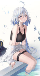 Rule 34 | 1girl, absurdres, ahoge, animal, bare shoulders, black camisole, black hat, blue eyes, blue hair, blush, breasts, camisole, cleavage, collarbone, commentary request, crop top, fish, furina (genshin impact), genshin impact, grey background, grey hair, hair between eyes, hat, highres, hyonee, jacket, long sleeves, looking at viewer, medium breasts, multicolored hair, parted lips, short shorts, shorts, sitting, sleeves past wrists, solo, streaked hair, unworn hat, unworn headwear, v-shaped eyebrows, water, white jacket, white shorts