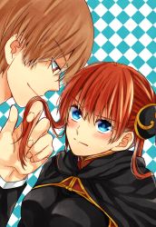 Rule 34 | 1boy, 1girl, bad id, bad pixiv id, black cape, blue eyes, breasts, brown hair, cape, checkered background, couple, eye contact, gintama, hair between eyes, hair ornament, highres, holding another&#039;s hair, kagura (gintama), looking at another, medium breasts, mutospectacle, okita sougo, red eyes, short hair, sweatdrop, twintails