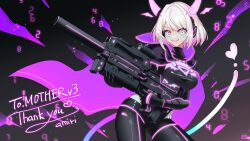 Rule 34 | 1girl, amiri skeb, aqua eyes, black bodysuit, black cape, bob cut, bodysuit, breasts, cape, detached horns, gradient hair, gradient horns, gun, hair intakes, headphones, hip vent, holding, holding gun, holding weapon, holographic horns, horns, indie virtual youtuber, looking at viewer, medium hair, motherv3, multicolored eyes, multicolored hair, multicolored horns, pink horns, purple cape, purple eyes, purple horns, smile, solo, tail, two-sided cape, two-sided fabric, two-tone eyes, virtual youtuber, weapon