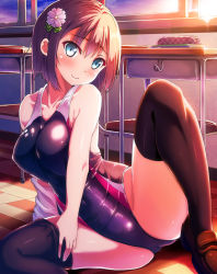 Rule 34 | 1girl, bad id, bad nicoseiga id, black thighhighs, blue eyes, blush, bob cut, breasts, brown hair, butt crack, chair, classroom, collarbone, competition swimsuit, covered navel, desk, flower, hair flower, hair ornament, happy, head tilt, higa, indoors, loafers, looking at another, looking at viewer, on floor, one-piece swimsuit, original, pencil case, school, school desk, shoes, short hair, sitting, smile, solo, spread legs, swimsuit, thighhighs, window, wooden floor