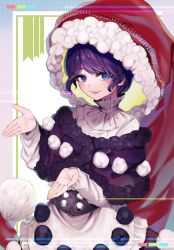 Rule 34 | 1girl, :3, alternate size, blue eyes, blush, buttons, choker, commentary request, cowboy shot, doremy sweet, floating hair, fur-trimmed headwear, fur trim, hat, ishikawa sparerib, large hat, long sleeves, looking at viewer, nightcap, open mouth, outstretched hand, oversized clothes, pom pom (clothes), popped collar, purple hair, red hat, short hair, sidelocks, smile, solo, swept bangs, touhou, two-tone dress, wavy mouth