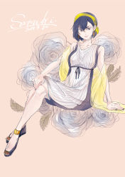 Rule 34 | 10s, 1girl, 2014, absurdres, alternate costume, anklet, arm support, bad id, bad pixiv id, black hair, character name, collarbone, dated, dress, earrings, fashion, flower, hairband, highres, jewelry, jil (artist), kill la kill, kiryuuin satsuki, crossed legs, loose clothes, makeup, nail polish, platform footwear, rose, seductive smile, shawl, short hair, smile, solo