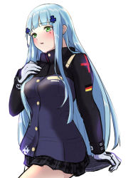 Rule 34 | 1girl, 3 small spiders, blue hair, blush, breasts, crossed bangs, feet out of frame, german flag, girls&#039; frontline, gloves, green eyes, hand on breast, highres, hk416 (girls&#039; frontline), long hair, looking down, open mouth, skirt, solo, tactical clothes, teardrop facial mark, teardrop tattoo, uniform, upper body, white background, white gloves