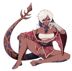 1girl absurdres au_ra bare_legs bare_shoulders barefoot black_scales breasts chest_sarashi cleavage dark-skinned_female dark_skin dragon_girl dragon_horns feet fingernails floral_print hand_on_own_leg highres hokuto_kensei_(kenseihokuto) holding_own_head horns japanese_clothes kimono lamb-oic029 long_eyelashes long_hair long_tail looking_at_viewer medium_breasts midriff_peek nude on_floor open_mouth original prosthesis prosthetic_arm pussy raised_eyebrows red_kimono sarashi shadow shiny_skin smile solo spiked_tail tail toenails tongue white_background white_hair