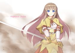Rule 34 | 1girl, belt, blue eyes, blunt bangs, blush, brown background, brown belt, brown dress, brown hair, capelet, chest guard, closed mouth, commentary, copyright name, cowboy shot, dress, dust cloud, gauntlets, highres, holding, holding sword, holding weapon, ike masato, long hair, long sword, looking at viewer, ragnarok online, smile, solo, standing, sword, swordsman (ragnarok online), tabard, twitter username, weapon, yellow capelet