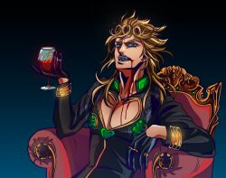 Rule 34 | 1boy, alcohol, black gloves, blonde hair, blood, blood on face, bug, chair, cup, cupping glass, drinking glass, fangs, giorno giovanna, gloves, green eyes, hair ornament, half gloves, highres, holding, holding cup, insect, jojo no kimyou na bouken, ladybug, long hair, male focus, mrg dm, sitting, solo, upper body, vampire, vento aureo, wine, wine glass