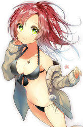 Rule 34 | 1girl, bikini, black bikini, breasts, cardigan, cleavage, commentary request, front-tie top, green eyes, halterneck, hand on own chin, highres, jewelry, large breasts, long sleeves, looking at viewer, navel, open cardigan, open clothes, original, pendant, pom pom (clothes), ponytail, red hair, revision, sleeves past wrists, smile, sogawa66, solo, star (symbol), swimsuit, white background