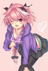 Rule 34 | 1boy, ;d, astolfo (fate), astolfo (memories at trifas) (fate), black pantyhose, blush, braid, cardigan, collarbone, crossdressing, downblouse, eyebrows, fang, fate/apocrypha, fate/grand order, fate (series), hair ribbon, heart, jewelry, leaning forward, long hair, looking at viewer, male focus, maza kisuke, multicolored hair, necklace, official alternate costume, one eye closed, open mouth, pantyhose, pink background, pink hair, pleated skirt, purple eyes, ribbon, shirt, shirt tug, single braid, skirt, smile, solo, striped clothes, striped shirt, trap, white hair, wink