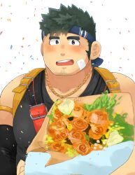 Rule 34 | 1boy, bandaid, bandaid on cheek, bandaid on face, black hair, black tank top, blue eyes, blush, bouquet, chain, chain necklace, collarbone, confetti, crave saga, date maki, detached sleeves, facial hair, flower, goatee stubble, gold necklace, headband, highres, holding, holding bouquet, jewelry, long sideburns, looking at viewer, male focus, muscular, muscular male, necklace, open mouth, parker (crave saga), short hair, sideburns, smile, solo, stubble, tank top, thick eyebrows