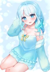 Rule 34 | 1girl, arm at side, blue background, blue camisole, blue eyes, blue hair, blue jacket, blue shorts, blush, bow, breasts, camisole, cleavage, collarbone, eyelashes, frilled camisole, frills, hair between eyes, hand in own hair, hand up, head tilt, highres, indie virtual youtuber, jacket, large breasts, long hair, long sleeves, looking at viewer, natsumiya ramune, no bra, off shoulder, open clothes, open jacket, open mouth, reityana, shorts, sidelocks, single bare shoulder, sitting, sleeves past fingers, sleeves past wrists, smile, solo, strap slip, virtual youtuber, wavy hair, yellow bow, yokozuwari