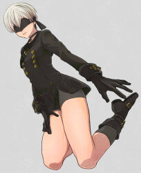 Rule 34 | 1boy, 9s (nier:automata), bishounen, black blindfold, black choker, black coat, black gloves, blindfold, choker, closed mouth, coat, from below, full body, gloves, grey background, kneeling, male focus, nier:automata, nier (series), payu (pyms11), shoes, shorts, simple background, socks, solo, thighs, white hair