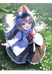 Rule 34 | 1girl, animal ear fluff, animal ears, belt, blurry, brown dress, brown eyes, brown hair, cardigan, depth of field, dress, fang, fox ears, fox girl, fox tail, from above, highres, hiiragi akio, long hair, looking up, open mouth, original, outdoors, outstretched arms, smile, solo, tail, white cardigan