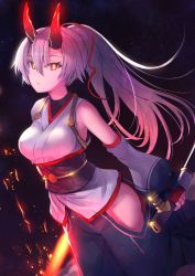 Rule 34 | 1girl, bare shoulders, breasts, bright pupils, dark background, detached sleeves, dutch angle, fate/grand order, fate (series), fire, flaming sword, flaming weapon, glowing, glowing eyes, gradient hair, grey hair, groin, hair between eyes, highres, hip vent, holding, holding sword, holding weapon, horns, japanese clothes, kimono, long hair, long sleeves, looking at viewer, medium breasts, multicolored hair, obi, oni horns, pants, parted lips, pink hair, red eyes, sash, sheath, shiba nanasei, solo, sword, tomoe gozen (fate), very long hair, weapon, white kimono, yellow pupils