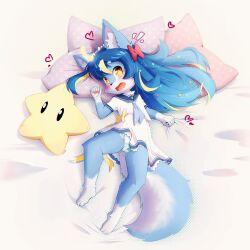 Rule 34 | 1girl, aas (aasjpvm), absurdres, animal ear fluff, animal ears, animal feet, animal nose, barefoot, bed, blue hair, blush, borrowed character, bow, brown eyes, dress, fox ears, fox girl, fox tail, furry, furry female, hair bow, highres, long hair, lying, on back, open mouth, original, panties, pillow, ribbon, school uniform, short dress, short sleeves, smile, solo, striped clothes, striped panties, tail, thighs, underwear, uniform, white dress