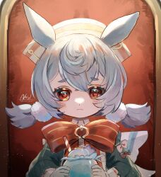 Rule 34 | 1girl, animal ears, aqua shirt, artist name, blue hair, blush, bow, bowtie, brooch, chair, closed mouth, commentary request, crossed bangs, cup, drinking straw, frown, genshin impact, gloves, hair between eyes, hair ornament, hands up, hat, highres, holding, holding cup, jewelry, light particles, long sleeves, looking at viewer, low twintails, medium hair, milkshake, new (new gnsn), nurse cap, on chair, pink bow, pom pom (clothes), pom pom hair ornament, puffy long sleeves, puffy sleeves, raised eyebrows, red bow, red bowtie, red eyes, shirt, short eyebrows, short twintails, sidelocks, sigewinne (genshin impact), signature, sleeve cuffs, solo, twintails, twitter username, upper body, white gloves, white hat