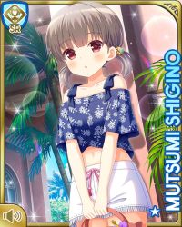 Rule 34 | 1girl, :o, blue shirt, brown hair, card (medium), day, girlfriend (kari), looking at viewer, midriff, navel, official art, open mouth, outdoors, qp:flapper, red eyes, shigino mutsumi, shirt, short twintails, silver hair, skirt, solo, standing, tropical, twintails, white skirt